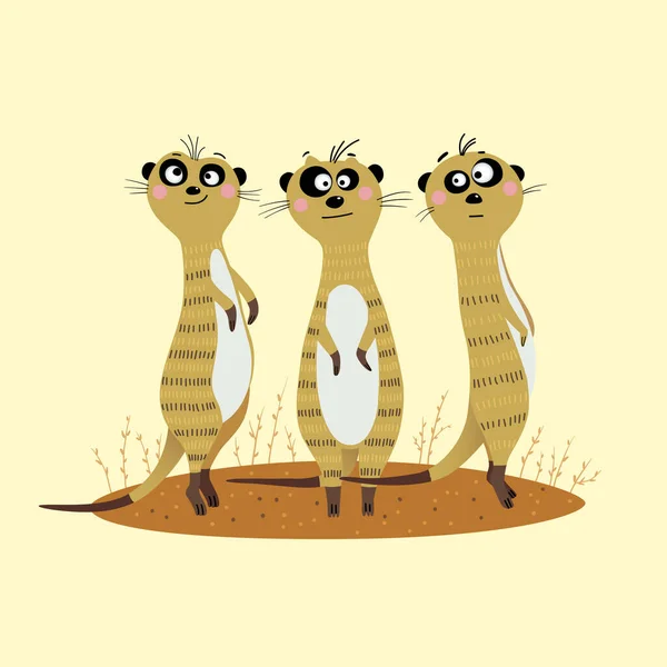 Ilustração Vetorial Três Bonitos Meerkats Areia Olhando Com Cautela Para —  Vetores de Stock