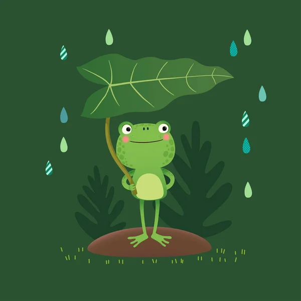 Yağmurlu Bir Günde Elinde Yaprak Tutan Sevimli Bir Kurbağanın Vektör — Stok Vektör