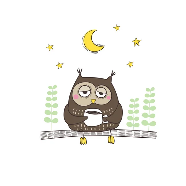 Vector Ilustración Dibujado Mano Búho Somnoliento Con Una Taza Café — Vector de stock