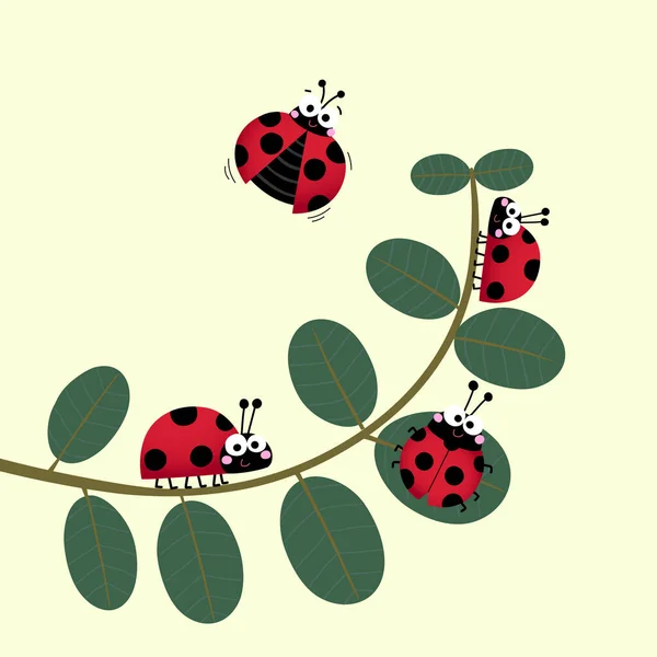 Ilustración Vectorial Las Mariquitas Lindas Mariquitas Caminando Sobre Tallo Una — Archivo Imágenes Vectoriales