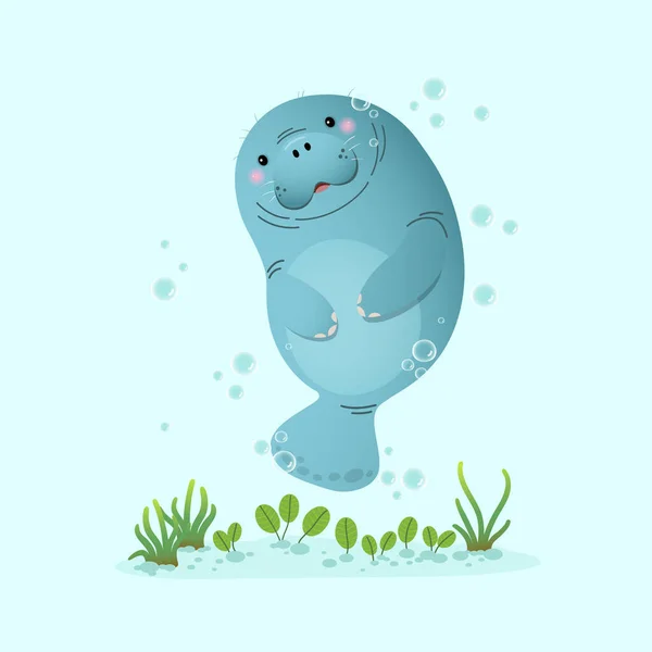 Vector Illustration Cute Cartoon Manatee Swimming Underwater Seagrass — Stock Vector