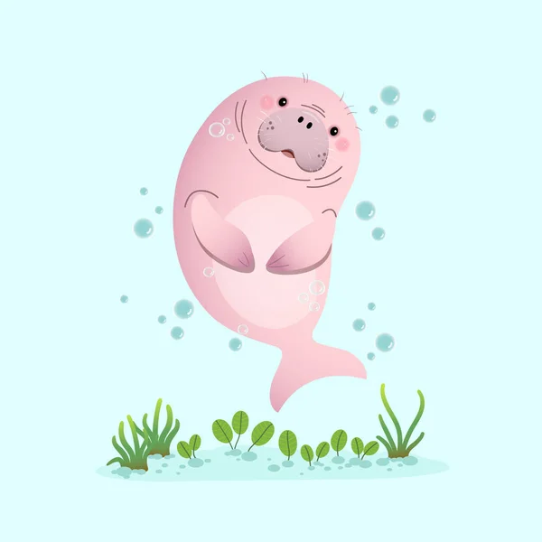 Векторная Иллюстрация Милый Мультфильм Dugong Плавание Водой Seagrass — стоковый вектор