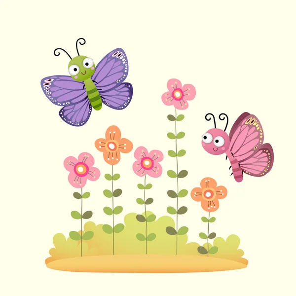 Wektor Ilustracji Cute Motyle Latające Nad Ogrodem Kwiaty — Wektor stockowy