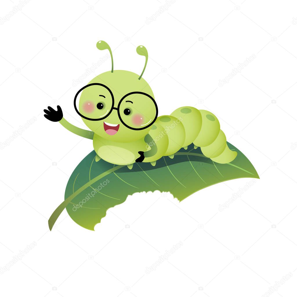 Vector illustration cute cartoon caterpillar wearing glasses and showing his hand on the leaf.