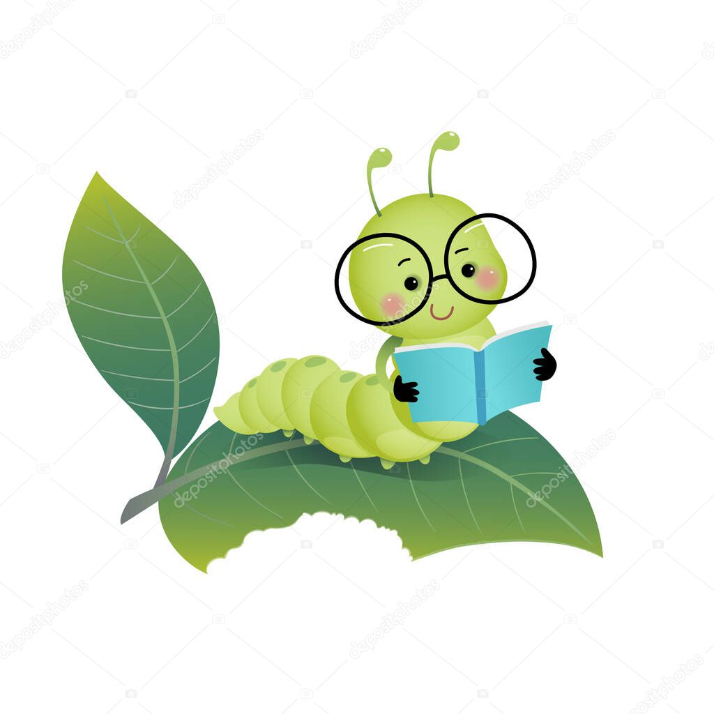 Vector illustration cute cartoon caterpillar wearing glasses and reading a book on the leaf.