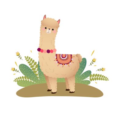 Bir yerdeki alpaka çizgi filminin vektör illüstrasyonu.