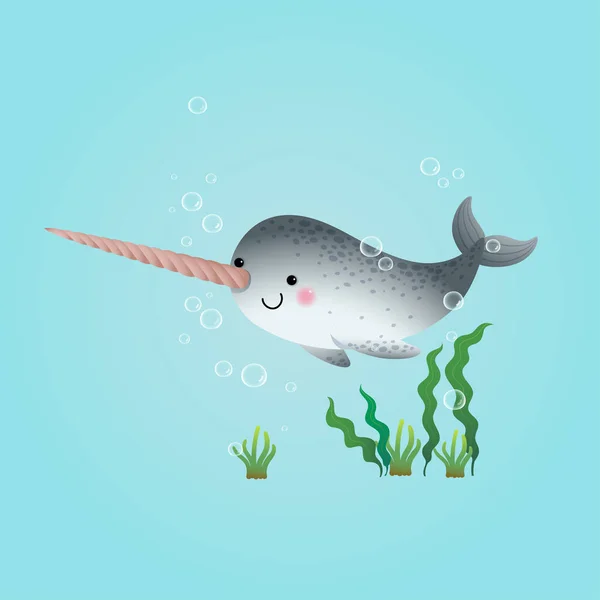 Vektor Ilustrasi Kartun Lucu Narwhal Berenang Bawah Air Laut Biru - Stok Vektor