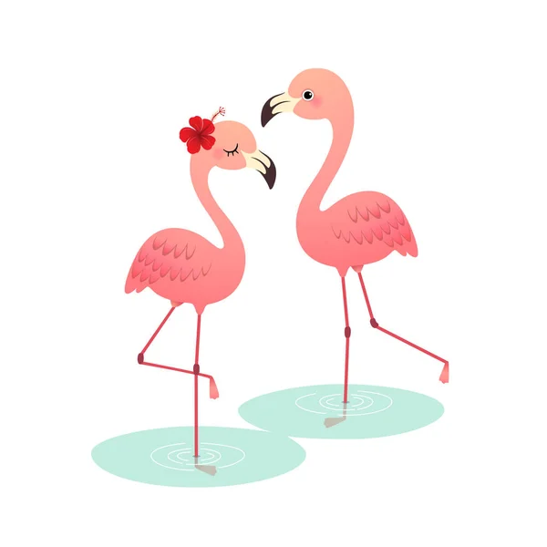 Ilustração Vetorial Bonito Desenho Animado Casal Flamingo Rosa Água —  Vetores de Stock