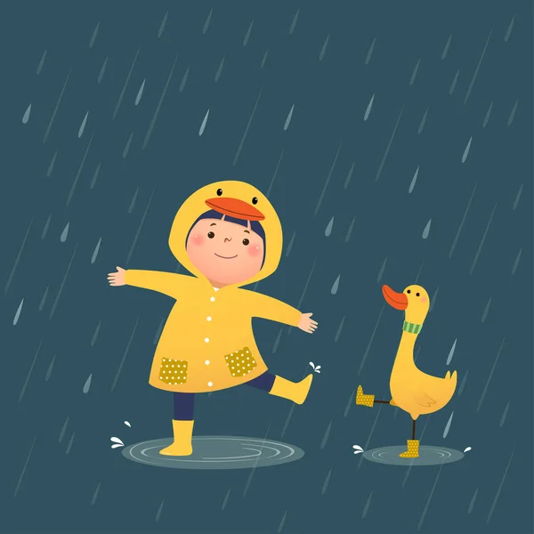 ベクトルイラストのA幸せな女の子で黄色フード付きのアヒルのレインコートとゴムブーツ遊び雨の日にアヒル — ストックベクタ