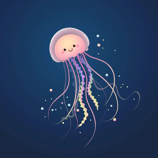 Vector Illustration Cute Cartoon Jellyfish Swimming Dark Blue Ocean — Stock Vector