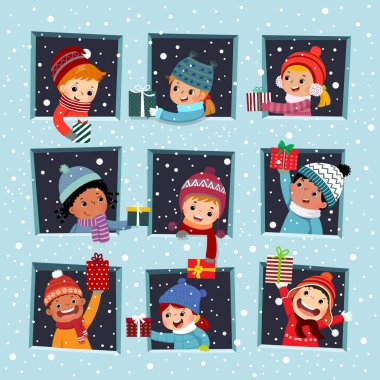 Vitrindeki mutlu çocukların karikatürü, kış mevsiminde arkadaşlarına Noel hediyesi veriyor..