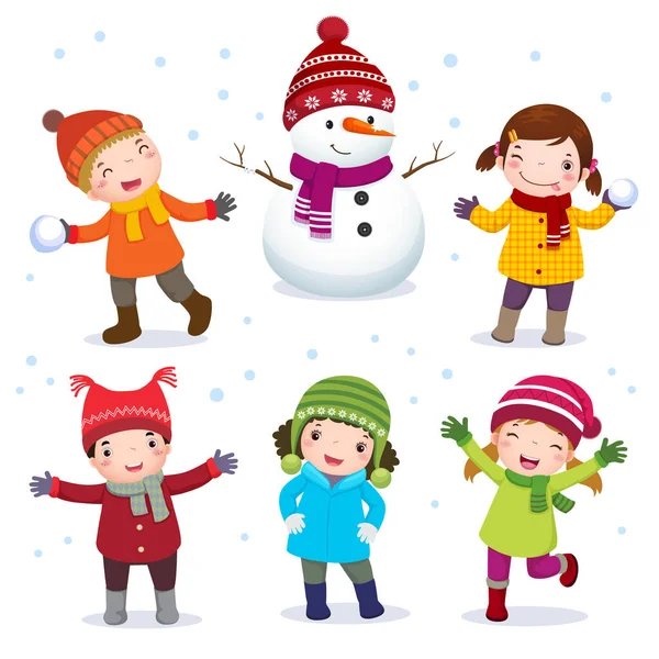 Collection Enfants Avec Bonhomme Neige Costume Hiver — Image vectorielle