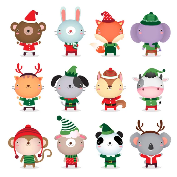 Collection Animaux Mignons Design Avec Des Costumes Thème Noël Hiver — Image vectorielle