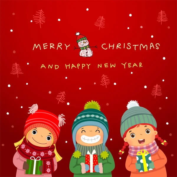 stock vector Group of happy kids with Christmas gifts and winter background. Christmas and New Year card.