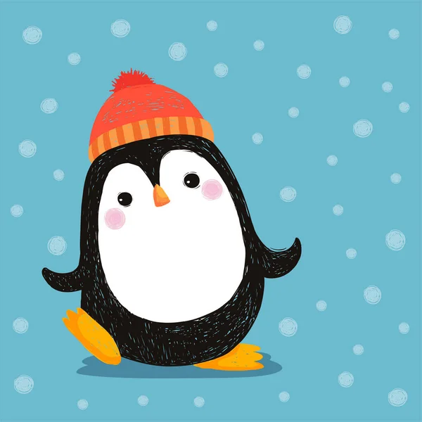 Handgezeichneter Süßer Pinguin Mit Rotem Hut — Stockvektor