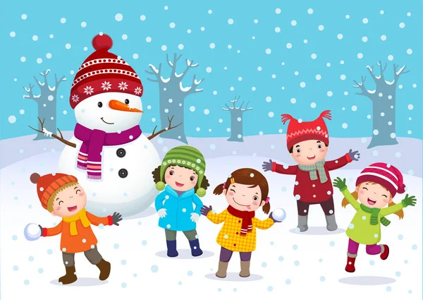 Kids Playing Outdoors Winter — Stock Vector