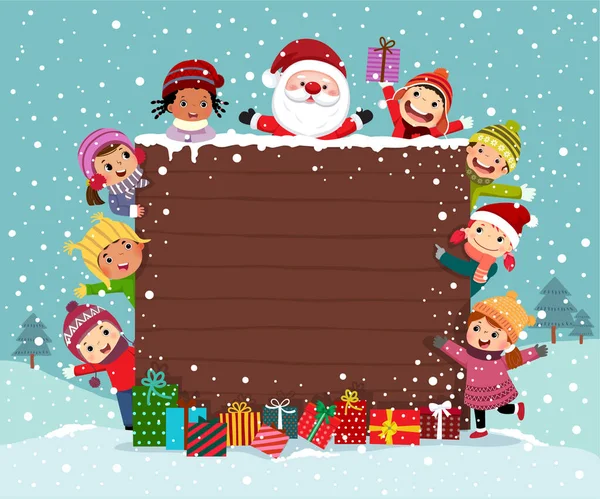 Joyeux Noël Backgroud Planche Bois Avec Groupe Enfants Père Noël — Image vectorielle