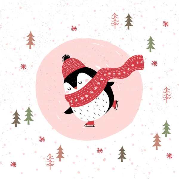 Veselé Vánoční Přání Tučňákem Bruslení Venku Zimním Lese — Stockový vektor