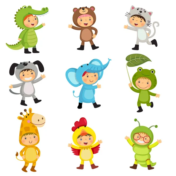 Conjunto Niños Lindos Con Disfraces Animales Alligator Bear Cat Dog — Vector de stock