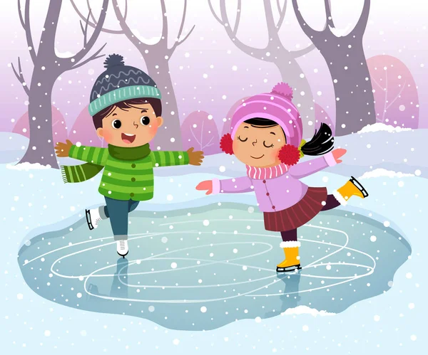 Vektorové Ilustrace Karikatura Roztomilé Chlapec Dívka Děti Bruslení Zimě Zasněžené — Stockový vektor