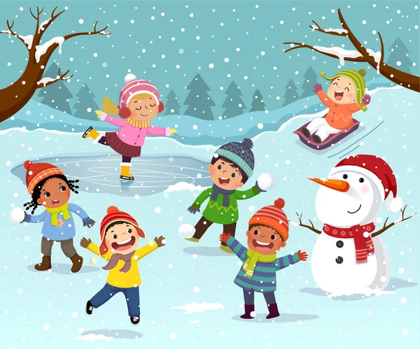 Winter outdoor activities with kids and snowman. Children playing snowballs, sledding and ice skating outdoor in winter. — Stock Illustration Winter Outdoor Activities Kids Snowman Children Playing Snowballs Sledding Ice Royalty Free Stock Illustrations
