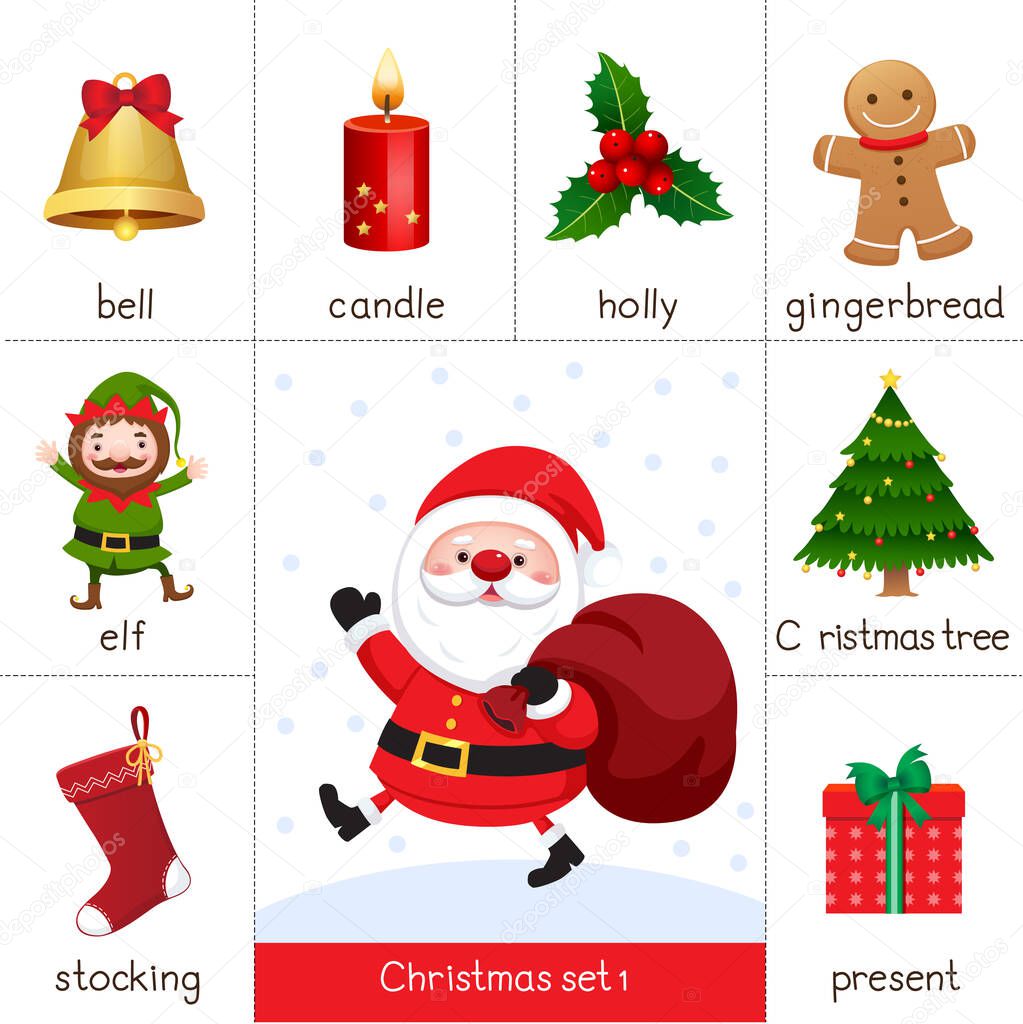 Printable flash card for Christmas set and Santa Claus