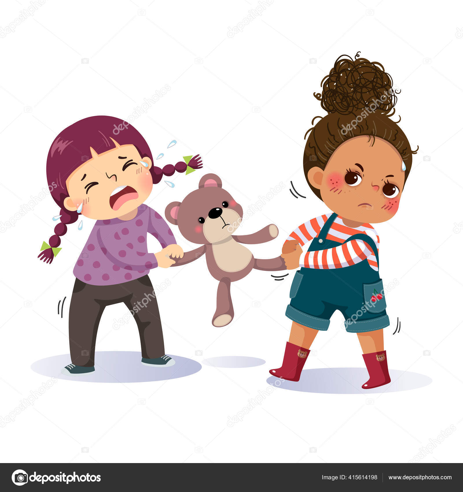 Dibujos Animados Ilustración Vectorial Dos Niñas Peleando Por Oso