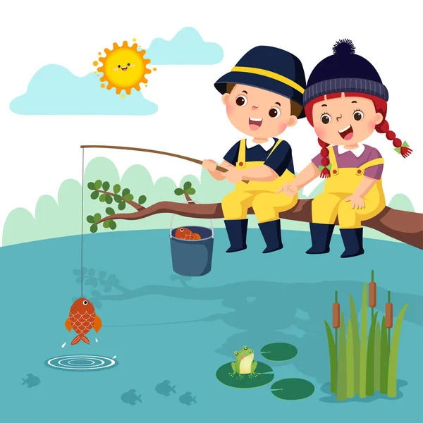 Wektorowa Ilustracja Małego Szczęśliwego Chłopca Dziewczynki Siedzących Gałęzi Łowiących Ryby — Wektor stockowy