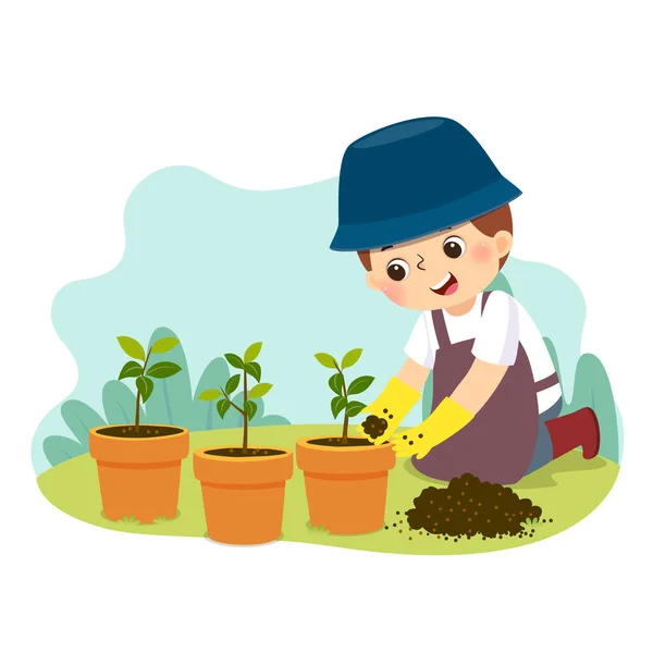 Desenho Animado Ilustração Vetorial Menino Fazendo Jardinagem Crianças Fazendo Tarefas — Vetor de Stock