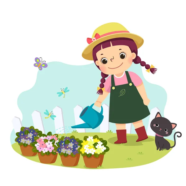 Desenho Animado Ilustração Vetorial Uma Pequena Menina Regando Planta Crianças —  Vetores de Stock