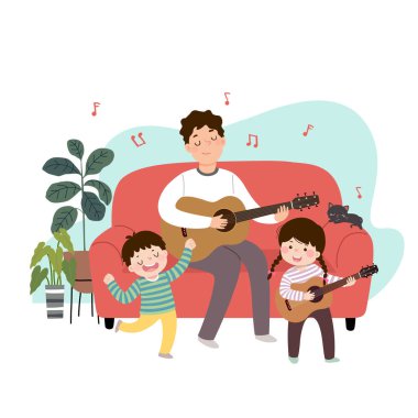 Evde çocuklarıyla gitar çalıp şarkı söyleyen bir babanın vektör çizimi. Aile ev kavramında eğleniyor.