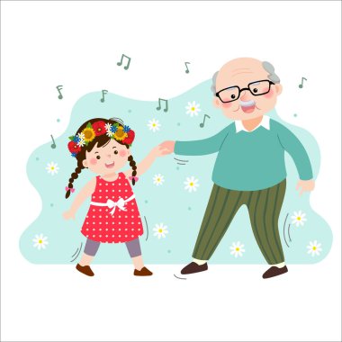 Çizgi filmin vektör çizimi mutlu yaşlı dede küçük torunuyla dans ediyor. Aile ev kavramında eğleniyor.
