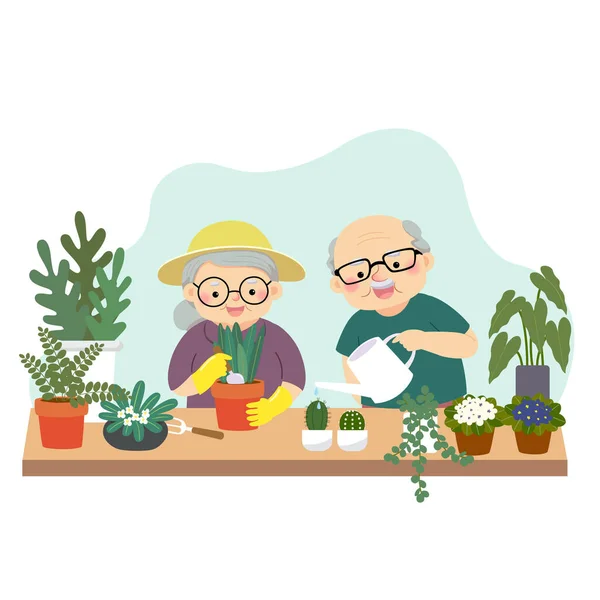 Vector Illustration Cartoon Happy Elderly Couple Gardening Watering Plants Home — Stock Vector