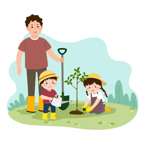 一个漫画中快乐的孩子帮助他们的父亲种植幼树的矢量图解 家庭享受家庭生活的概念 — 图库矢量图片