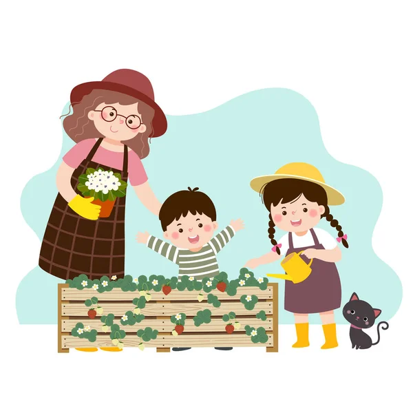 一个卡通妈妈和她的两个孩子在一个凸起的花园床上看着草莓植物的病媒图片 家庭享受家庭生活的概念 — 图库矢量图片
