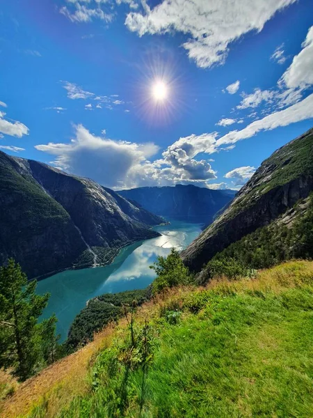 Paysage Surplombant Ciel Bleu Eau Kjesen — Photo