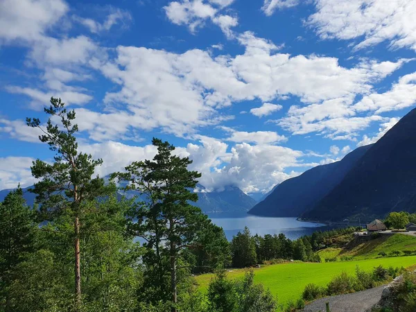 Landscape Trees Background Blue Sky Water Kinsarvik — Stock Photo, Image