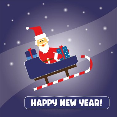 Düz bir şekilde Vektör Noel çizimi. Noel Baba hediyeler, kar, yeni yıl yazıtları ve Noel kartı ile kızakla uçar.