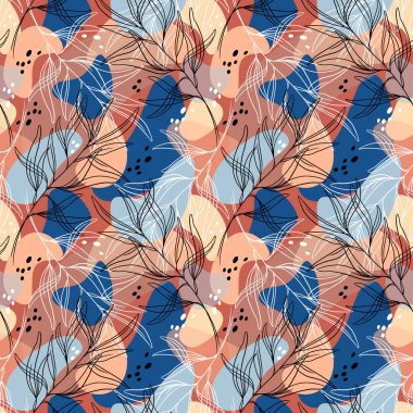 Çemberleri, benekleri ve yaprakları olan soyut geometrik dikişsiz desen. Moda dokusu arka planı. Kağıt, kumaş, iç dekorasyon ve diğer kullanıcılar için modern soyut tasarım.