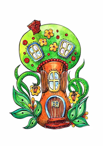 Green mushroom,House mushroom,Illustration,Watercolor,Fairytale,Fairy mushroom,Poster in the nursery