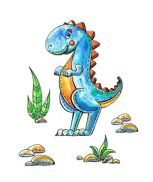 Cheerful dinosaur.Illustration with dinosaur.Watercolor painting.Hand drawn.Blue.