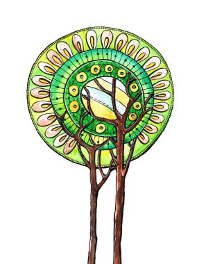 Yeşil ağaçlar. Soyut ağaçlar. Dekoratif suluboya resim. El çizimi. Karikatür çizimi..