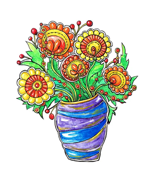 Flowers in  vase. Abstract flowers.Decorative picture.Hand Drawing.Watercolour.Bright flowers.Red.Green.Yellow.Blue.