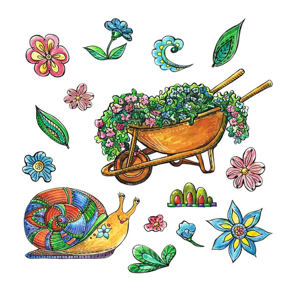 Carrinho Mão Flores Caracol Conjunto Com Wheelbarrow Watercolor Painting Hand — Fotografia de Stock