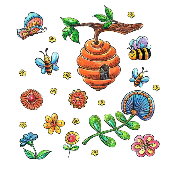 Bees and flowers.Illustration with bees.Watercolor painting.Hand drawing. Colorful picture.Picture with bees and flowers.Funny bees.Set with cartoon bees. Poster for kids.Colorful picture.