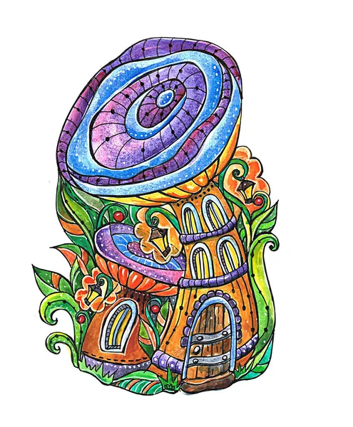 キノコの家とイラスト 漫画キノコ 家とイラスト 水彩画 手描き カラフルな絵 アブストラクトイラスト Picture Mushrooms Artwork — ストック写真