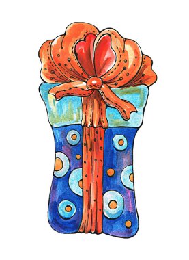 Paket. Yeni yıl hediyesi. Fiyonklu kutu. Şimdiki zaman çizimi. Çizim. Kutlama paketi. Yeni yıl için bir hediye..