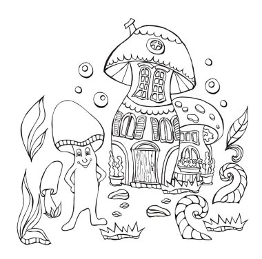 Komik mantarlı bir resim. Siyah beyaz taslak resim. El çizimi. Mantar evi boyama. Resim boyama..