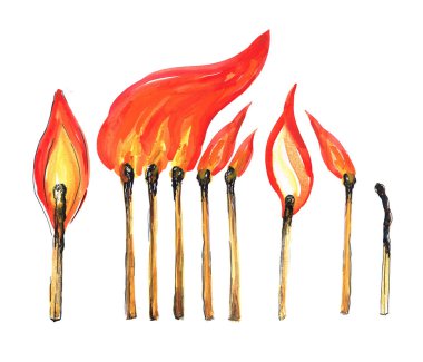 Yanan kibritlerle dolu bir set. Yanan aşıklar, kibritlerle şekillendirilmiş suluboya resimler. El çizimi. Sanat eseri. Ateş.