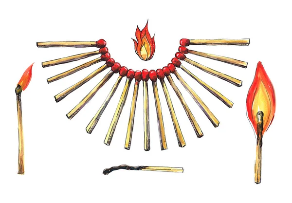 Safety Match Burning Matches Illustration Fire Set Burning Matches Watercolor — Stock Photo, Image